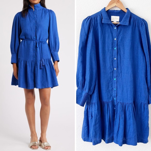 Lilly Pulitzer Drena Tiered Long Sleeve Linen Shirtdress in Martinique Blue - Picture 1 of 11